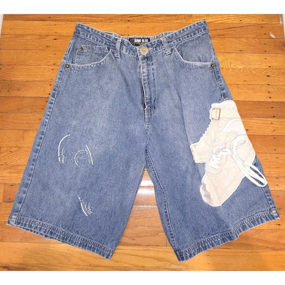 Raw Blue Jorts Shorts Y2K Vtg Sneaker Embroidered Shoe Prints Size 36
